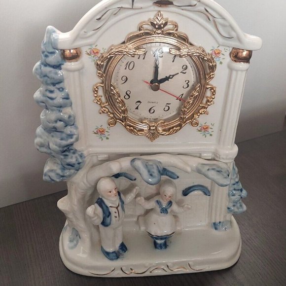 Antique Ceramic Delftware Mantel Clock Collectible With Ornate Frame and Figures - Picture 1 of 10